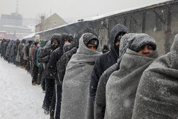 Migrantes fila refeição Belgrado